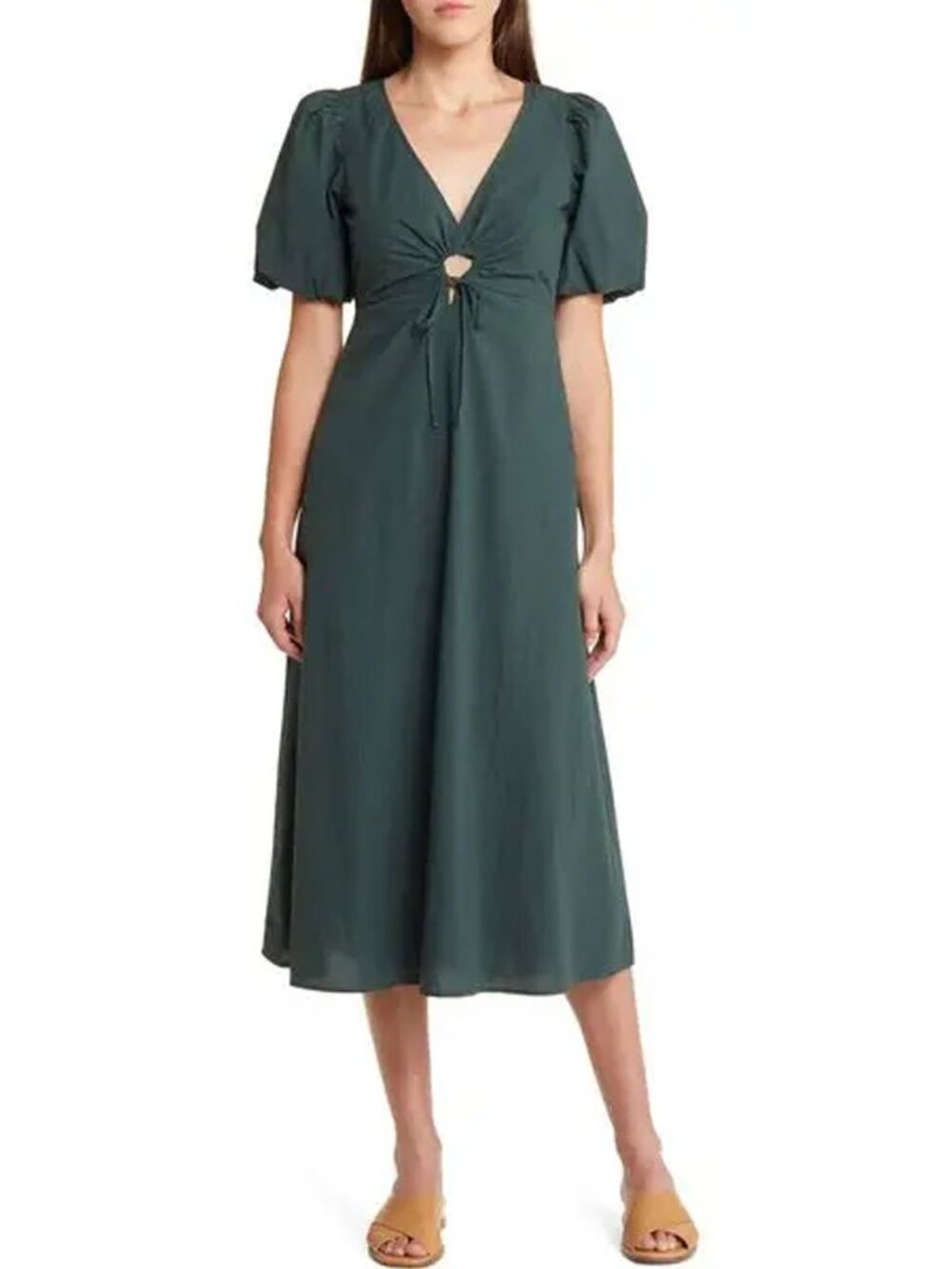 Madewell Poplin Cutout Puff Sleeve Midi Dress 4 - Picture 1 of 8